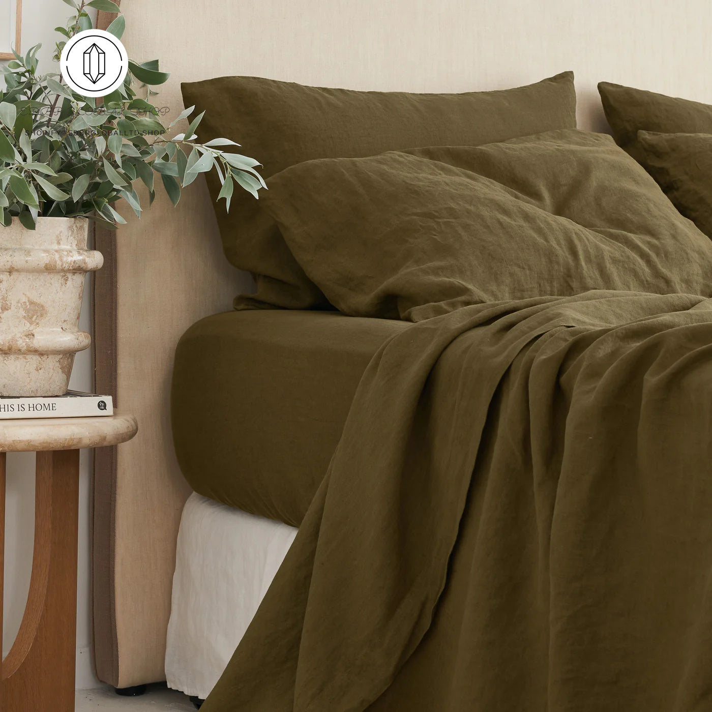 EDBR GLOBAL French Flax Linen Sheet Set in Olive