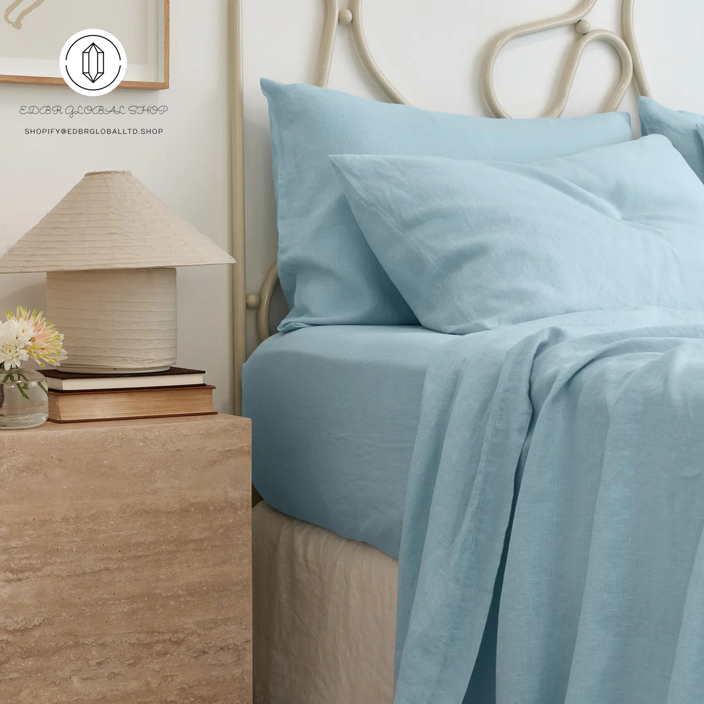 EDBR GLOBAL French Flax Linen Sheet Set in Sky Blue