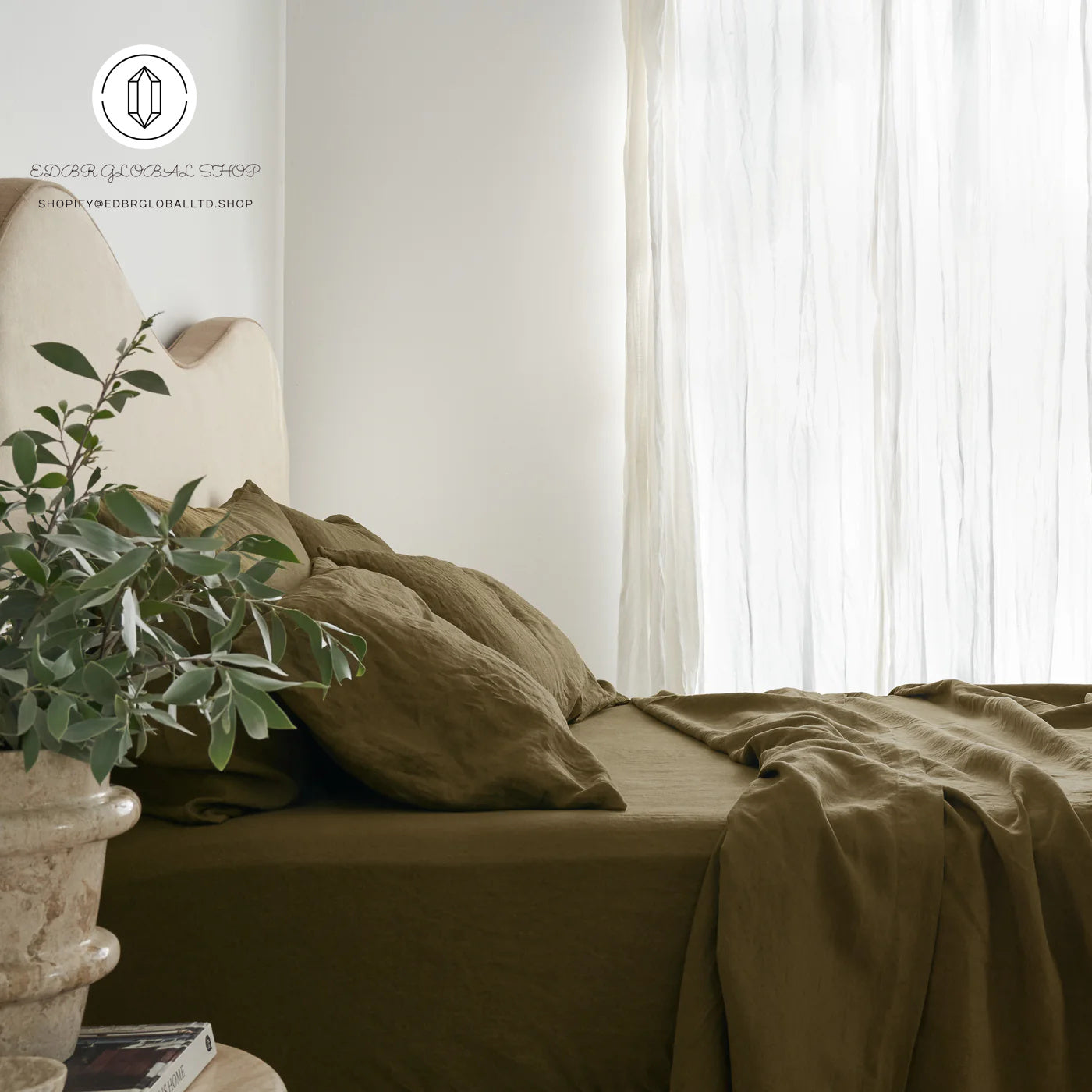 EDBR GLOBAL French Flax Linen Sheet Set in Olive