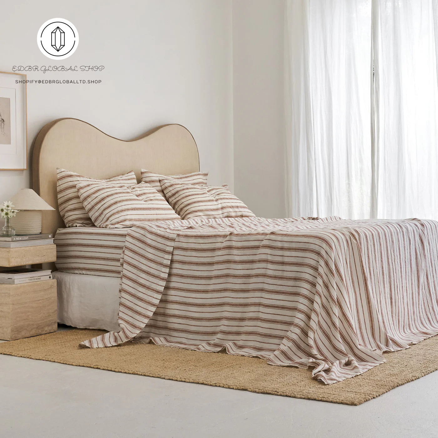 EDBR GLOBAL French Flax Linen Sheet Set in Hazelnut Stripe