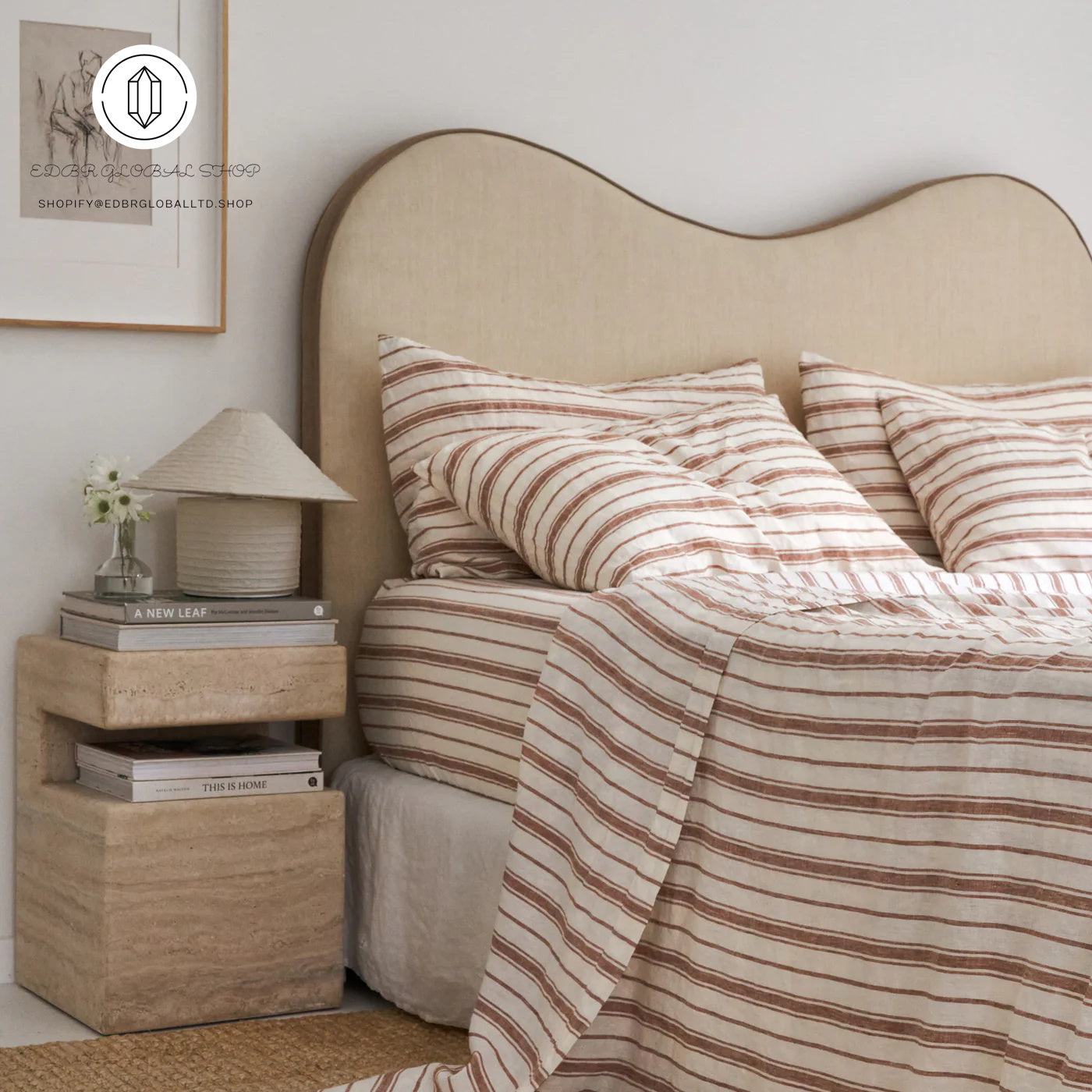 EDBR GLOBAL French Flax Linen Sheet Set in Hazelnut Stripe