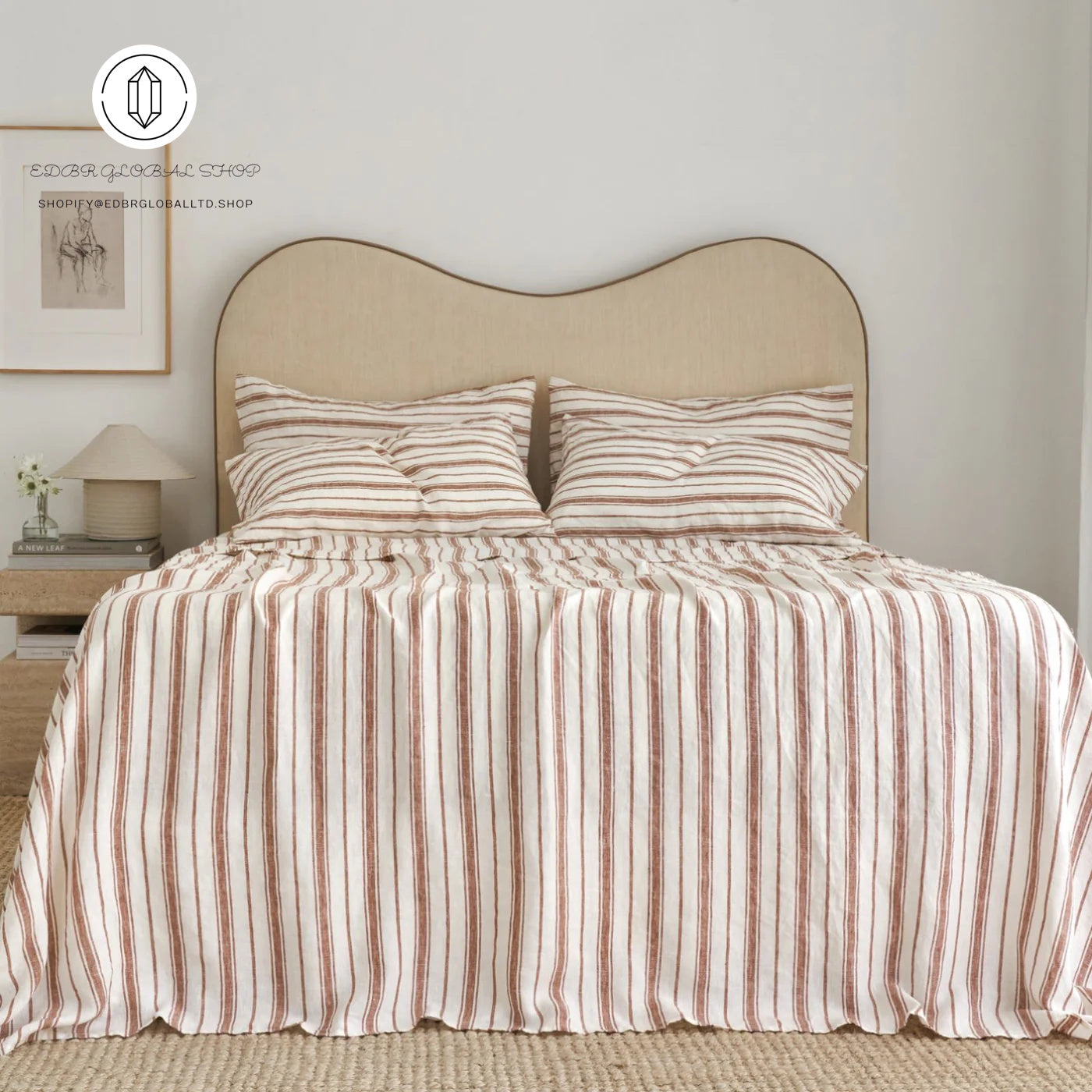 EDBR GLOBAL French Flax Linen Sheet Set in Hazelnut Stripe