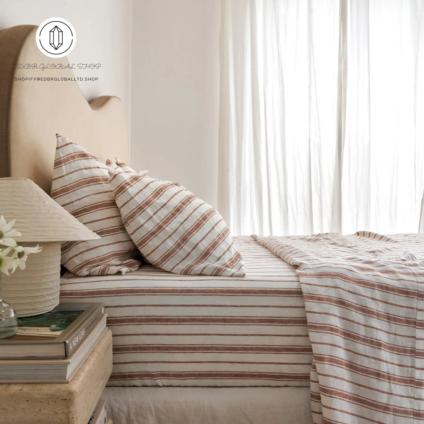 EDBR GLOBAL French Flax Linen Sheet Set in Hazelnut Stripe
