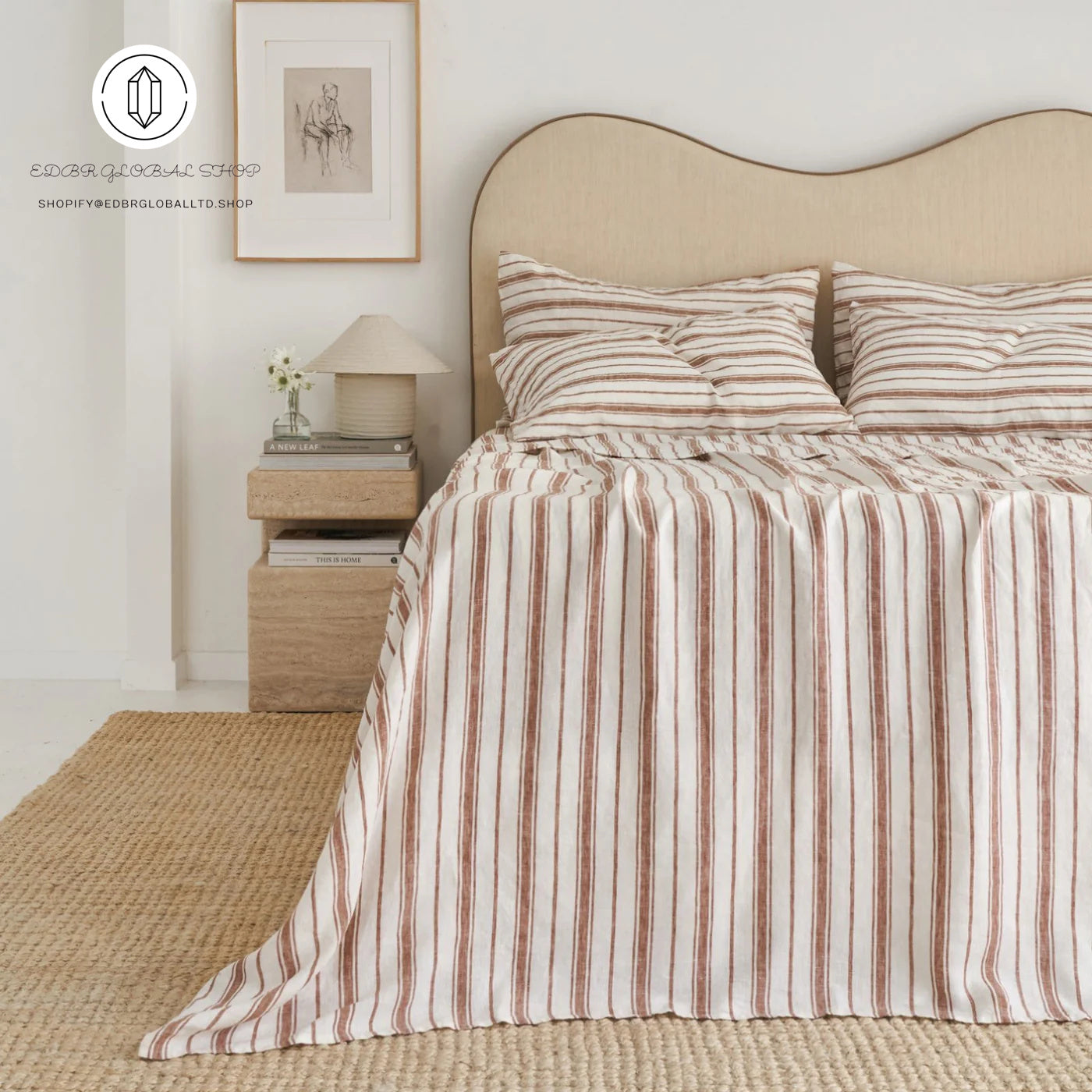 EDBR GLOBAL French Flax Linen Sheet Set in Hazelnut Stripe